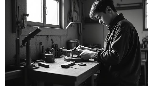 1983年創業時の名古屋の小さな金属加工工場のモノクロ写真