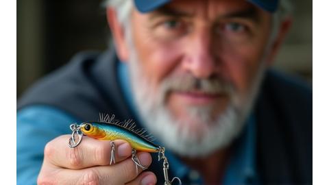 著名プロアングラーの真剣な表情と、彼がデザインしたルアー