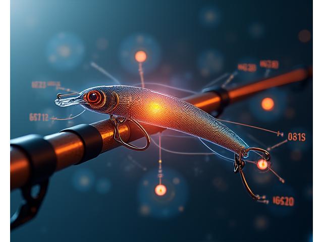 ルアー、リール、ロッドに統合された複数のセンサーの概念図、データフローが可視化されている